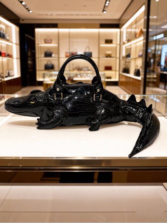 None Handbags - Novelty Crocodile Shaped Leather Handbag | Quirky Brown Alligator Satchel Bag